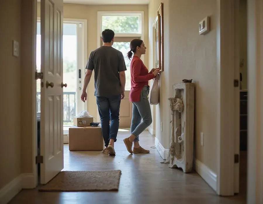 A household moving into a garden style income restricted apartment community near Austin, breezeway stairs and midday sun